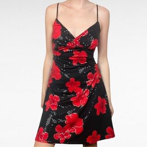 VINTAGE | 1990’s Dotted Hibiscus Florals Spaghetti Strap Shimmery Cocktail Dress